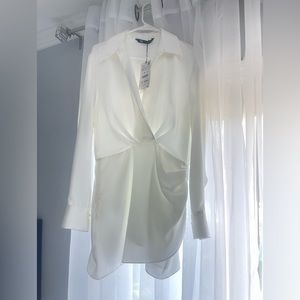 Zara V-NECK RUCHED FRONT SATIN SHIRT DRESS IN WHITE
